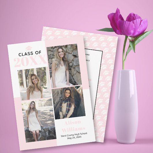 Faire-part Classe de 2025 quatre photos blush rose graduation