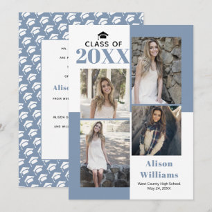 Faire-part Classe de 2025 quatre photos graduation bleu pouss