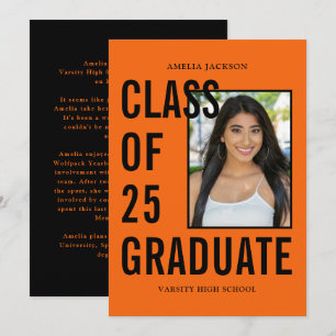 Faire-part Classe De 25 Diplômés Orange Black Photo Graduatio