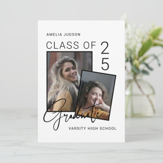 Faire-part Classe De 25 Noir Script 2 Photos Graduation (Debout devant)