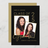 Faire-part Classe De 25 Photo Black & Gold Script Graduation (Devant / Derrière)