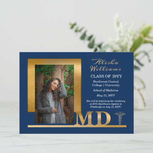 Faire-part Classé Elegant Gold MD Caduceus 1 Photo Bleu (Debout devant)