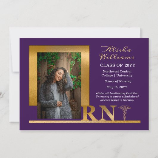 Faire-part Classé Elegant Or RN Caduceus 1 Photo Dk Purple (Devant)