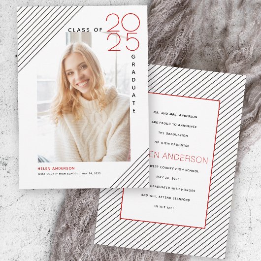 Faire-part Classe moderne de 2025 diplômé noir, photo rouge