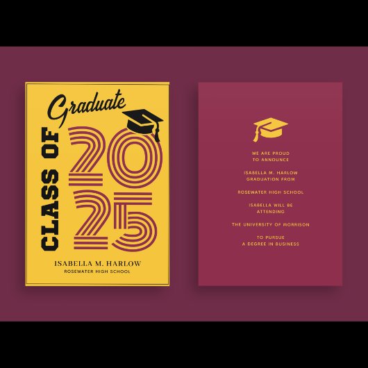 Faire-part Classe moderne de 2025 Maroon Gold Graduation