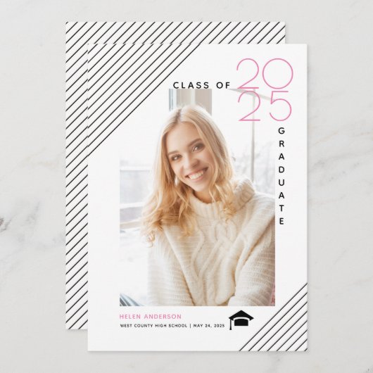 Faire-part Classe moderne de 2025 photo rose diplômée (Devant / Derrière)