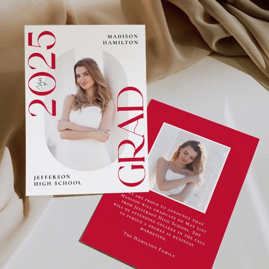 Faire-part Classe moderne de 2025 Red Grad 2e licence photo