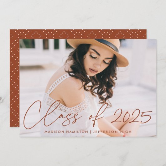 Faire-part Classe moderne de 2025 Terracotta Script Photo (Devant / Derrière)