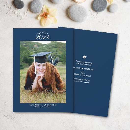 Faire-part Classe simple bleu marine de 2024 Graduation Photo