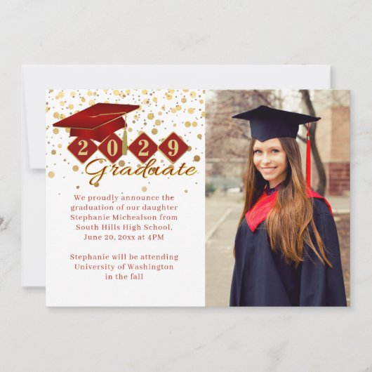 Faire-part Classic 2 Photo Graduation Rouge et Or (Devant)