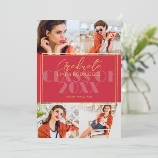 Faire-part Classic Elegant 4 Photo Collage Red Graduation (Debout devant)