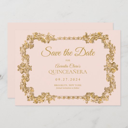 Faire-part Classic Elegant Blush Or Frame Quinceanera (Devant / Derrière)