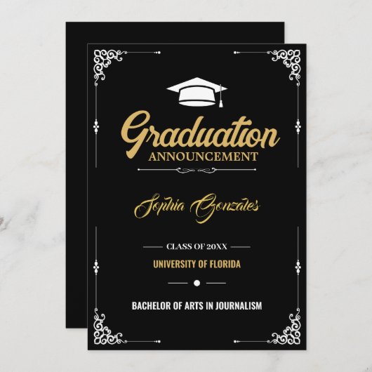 Faire-part Classic Élégant Script Black Graduation (Devant / Derrière)