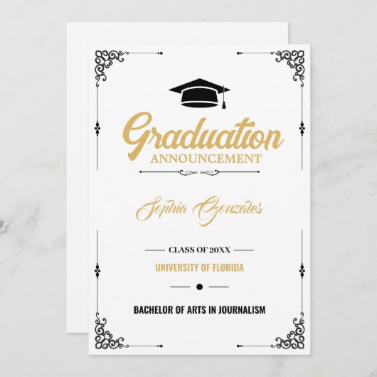 Faire-part Classic Élégant Script White Graduation (Devant / Derrière)