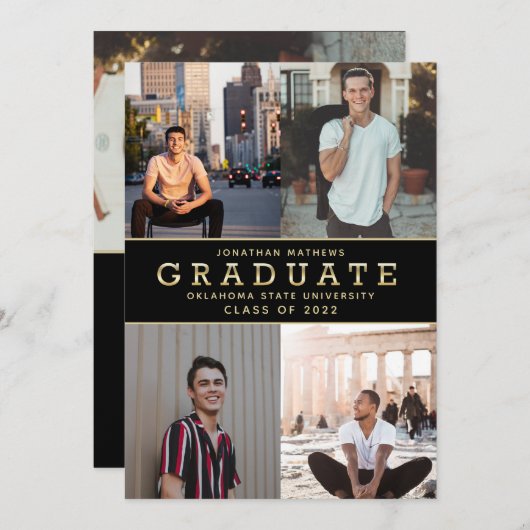 Faire-part Classic moderne Black Gold Photo Graduation (Devant / Derrière)