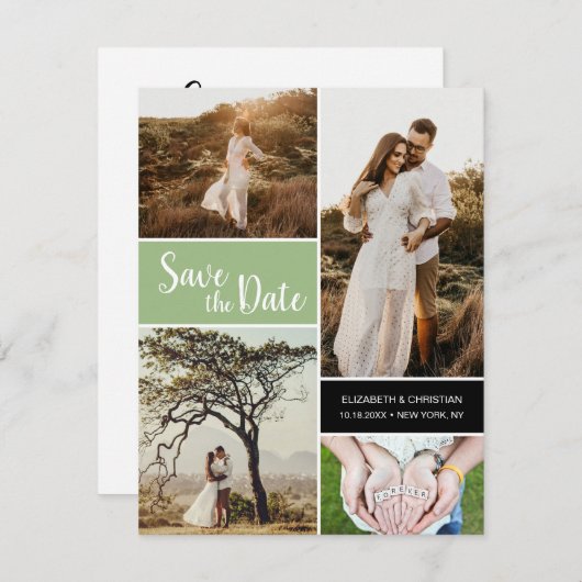Faire-part Classic Sage Green Photo Collage Enregistrer la da (Devant / Derrière)
