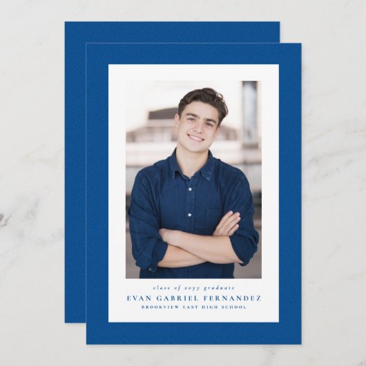 Faire-part Classic tweed frame simple bleu photo graduation (Devant / Derrière)