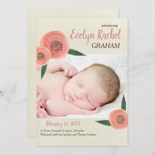 Faire-part Classic Waterclor Elegant bébé Nom Script Photo (Devant / Derrière)