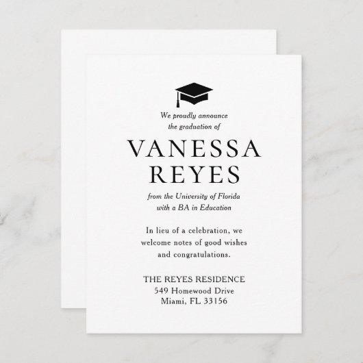Faire-part classique de graduation en noir et blan (Devant / Derrière)