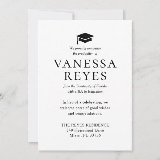 Faire-part classique de graduation en noir et blan (Devant)