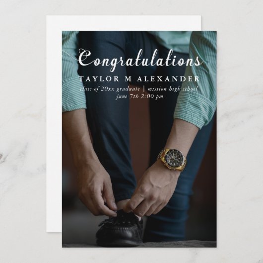 Faire-part Classique Félicitations Script Photo Graduation (Devant / Derrière)