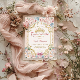 Faire-part Classique Princesse Bleu Rose Floral Quinceanera
