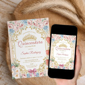 Faire-part Classique Princesse Bleu Rose Floral Quinceanera