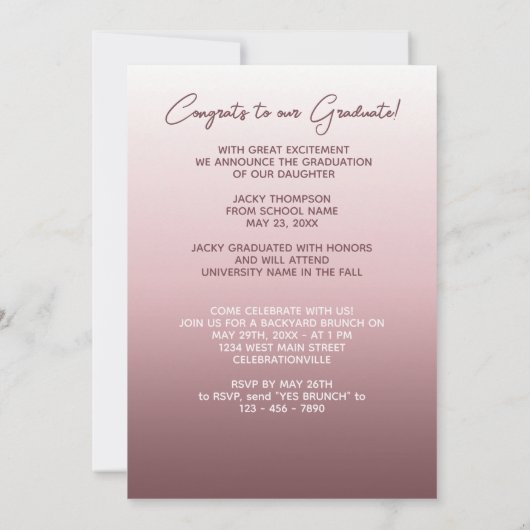 Faire-part Classy Chic Ombre Mauve Taupe Rose foncé Graduatio (Dos)