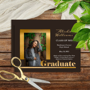 Faire-part Classy Elegant Gold Text Graduate 1 Photo Brown