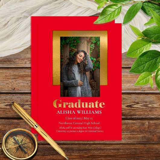 Faire-part Classy Elegant Gold Texte Diplômé Photo Rouge