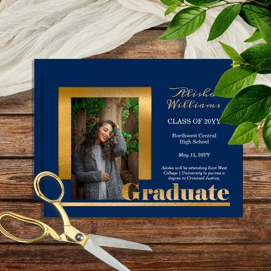 Faire-part Classy Elegant Gold Texte Gradué 1 Photo Bleu
