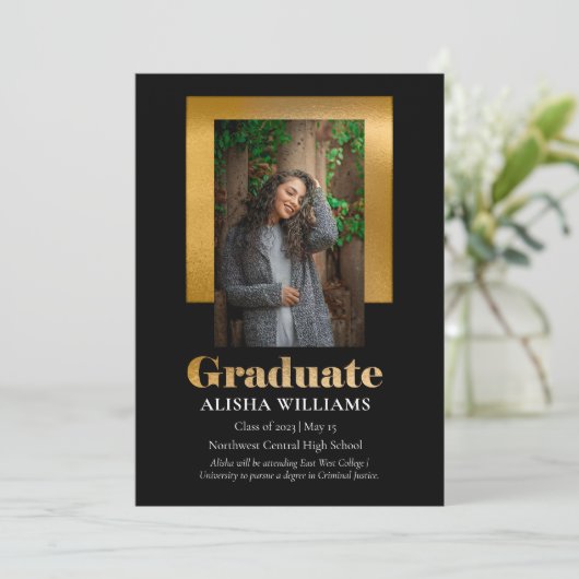 Faire-part Classy Elegant Gold Texte Gradué 1 Photo Noir (Debout devant)
