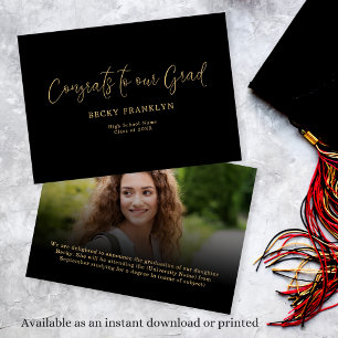 Faire-part Classy Gold Black Photo Overlay Script Graduation