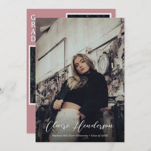 Faire-part Classy Script Dusty Pink Photo Collage Graduation (Devant / Derrière)