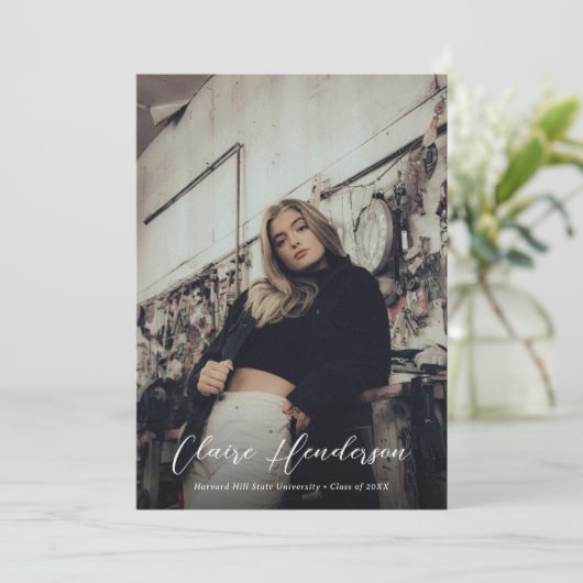 Faire-part Classy Script Mustard Photo Collage Graduation (Debout devant)