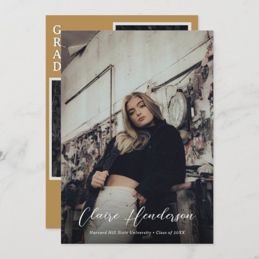 Faire-part Classy Script Mustard Photo Collage Graduation (Devant / Derrière)