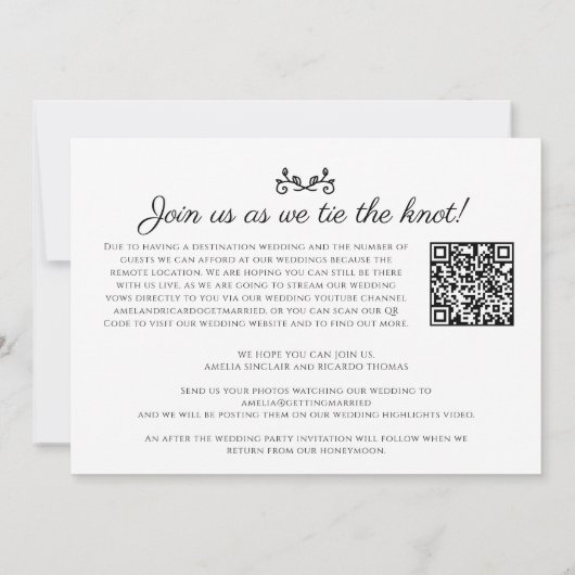 Faire-part Code QR de diffusion en direct de mariage noir et  (Dos)