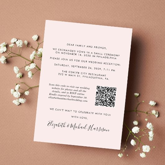 Faire-part Code QR de réception de mariage rose photo moderne