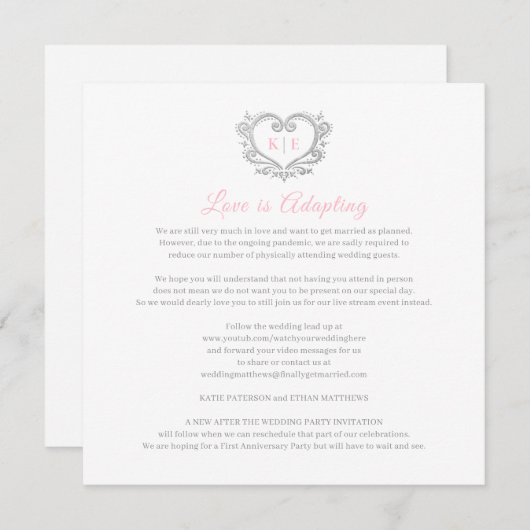 Faire-part Coeur monogramme en direct mariage amour adaptatio (Devant / Derrière)