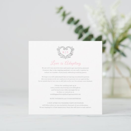 Faire-part Coeur monogramme en direct mariage amour adaptatio (Debout devant)
