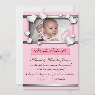 Faire-part Coeurs de lin argenté Annonces de naissance rose