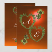 Faire-part CŒURS DE TRÈFLE VERTS MONOGRAMME blanc, orange (Devant / Derrière)