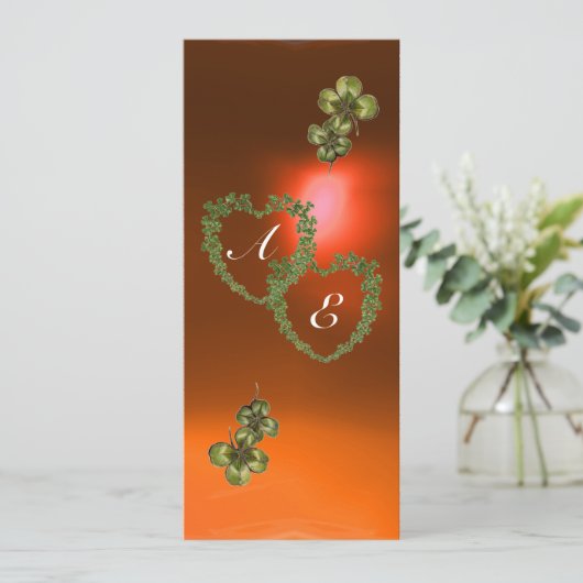 Faire-part COEURS SHAMROCKS VERTS MONOGRAMME blanc, orange (Debout devant)