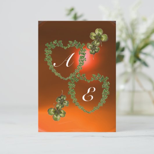 Faire-part COEURS SHAMROCKS VERTS MONOGRAMME blanc, orange (Debout devant)
