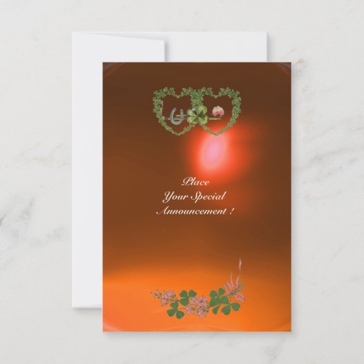 Faire-part COEURS SHAMROCKS VERTS MONOGRAMME blanc, orange (Dos)