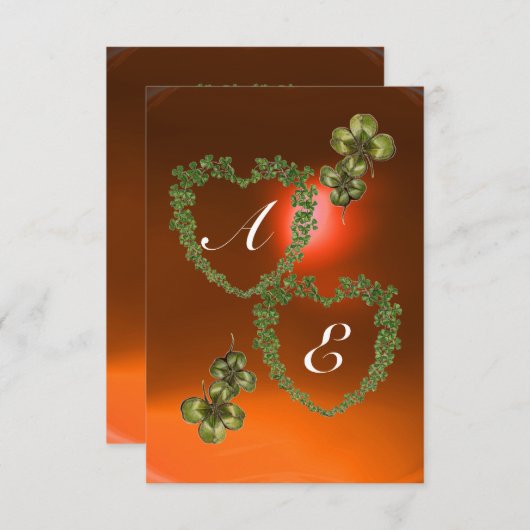 Faire-part COEURS SHAMROCKS VERTS MONOGRAMME blanc, orange (Devant / Derrière)