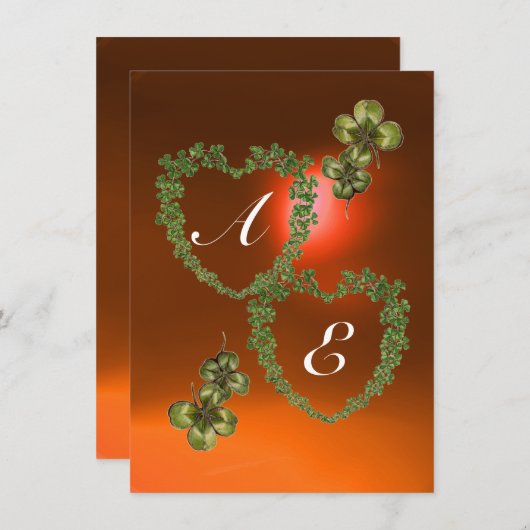 Faire-part COEURS SHAMROCKS VERTS MONOGRAMME blanc, orange (Devant / Derrière)