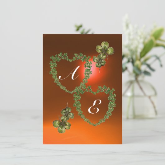 Faire-part COEURS SHAMROCKS VERTS MONOGRAMME blanc, orange (Debout devant)