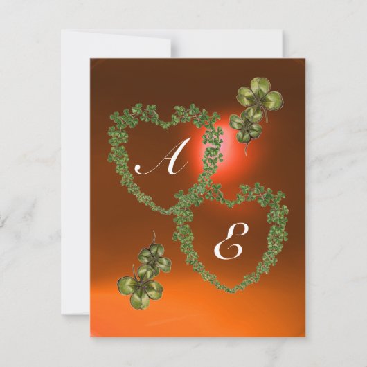 Faire-part COEURS SHAMROCKS VERTS MONOGRAMME blanc, orange (Devant)