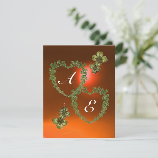 Faire-part COEURS SHAMROCKS VERTS MONOGRAMME blanc, orange (Debout devant)
